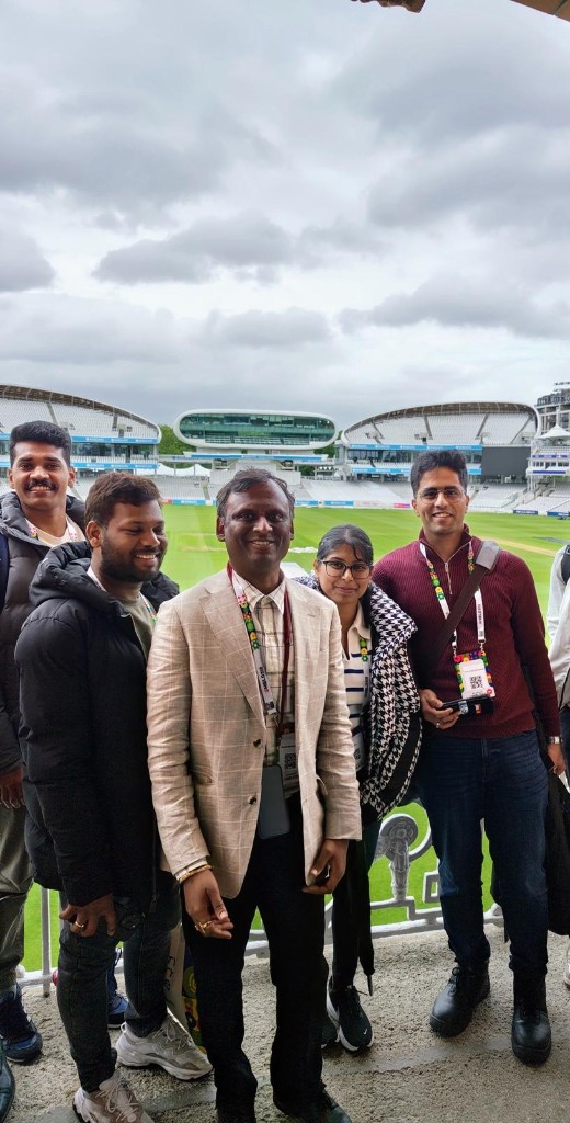 HealthCrew AI colleagues with ManageEngine Shield NxG event badges at Lord's Cricket Ground