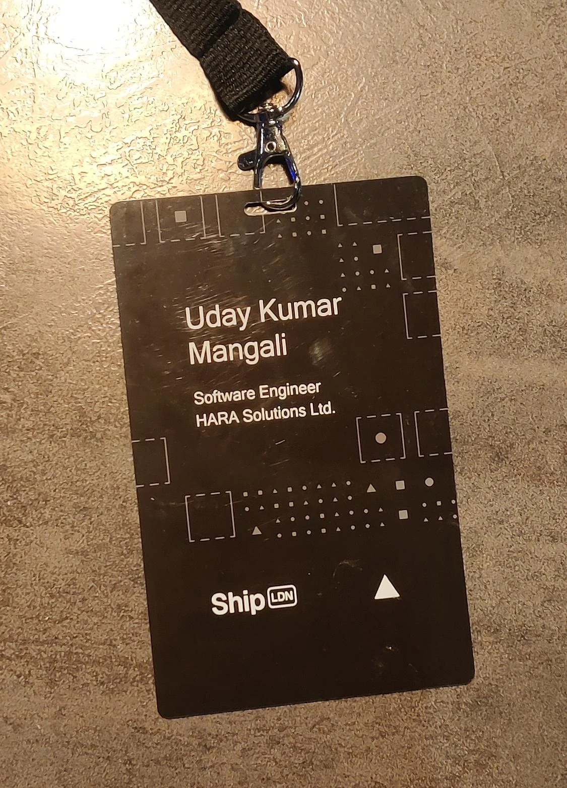Vercel Ship London attendee badge for Uday Kumar Mangali from HARA Solutions Ltd