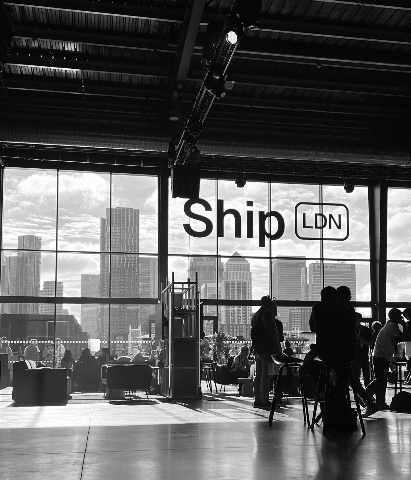Ship LDN branding inside Magazine London with the London skyline behind it